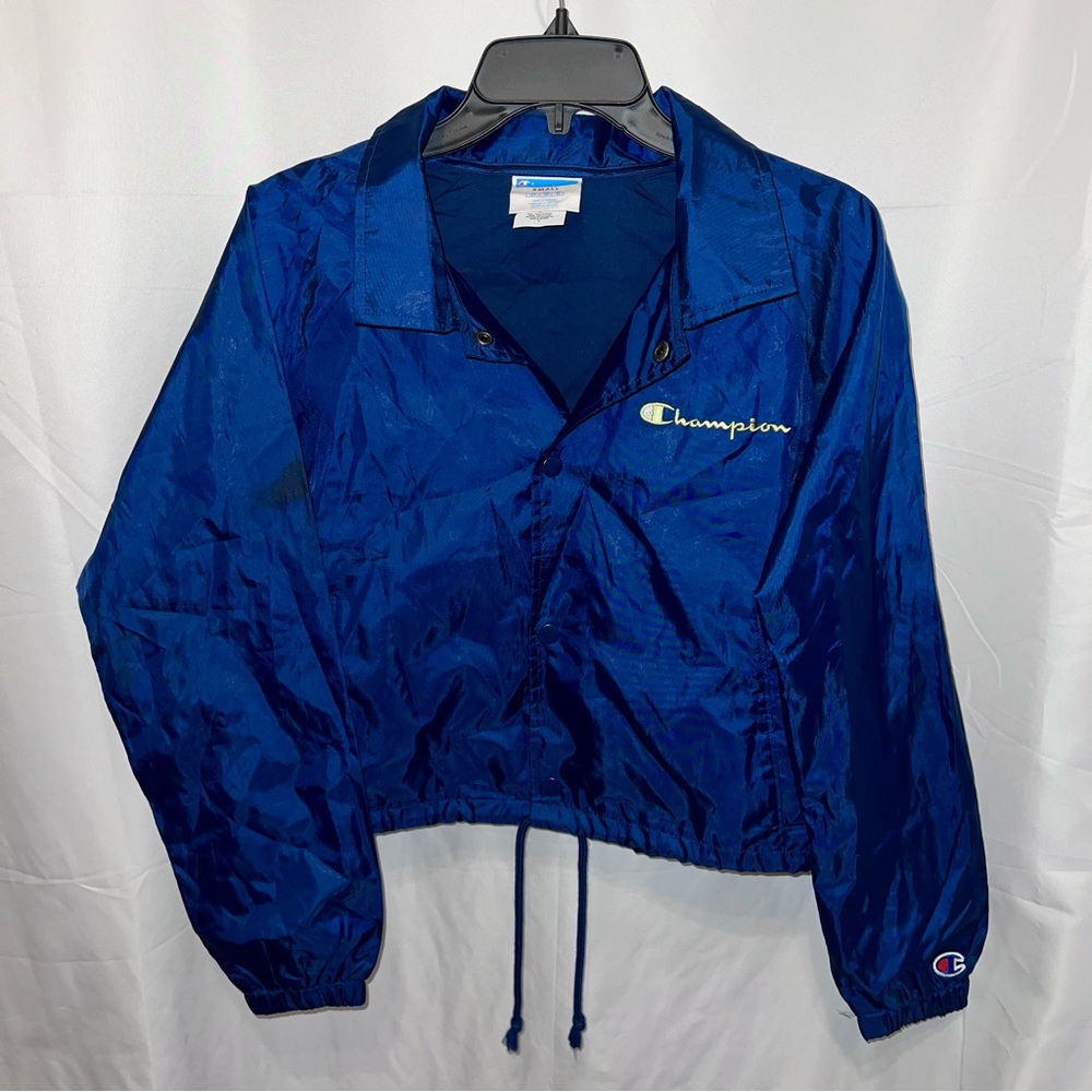 Champion Navy Blue Button Up Coaches Cropped Jacket Multi Logo - Picture 5 of 13